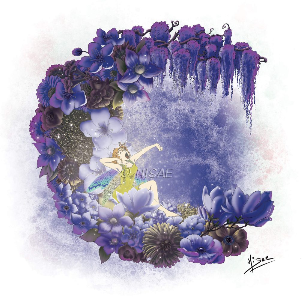 Dessin numérique représentant une fée qui s'éveille, assise sur une lune faite de fleurs de printemps @Ysae illustrations