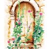 Dessin réalisé à l'encre et à l'aquarelle, présenté sur chevalet, représentant une petite porte cachée derrière des roses trémières @Ysae illustrations