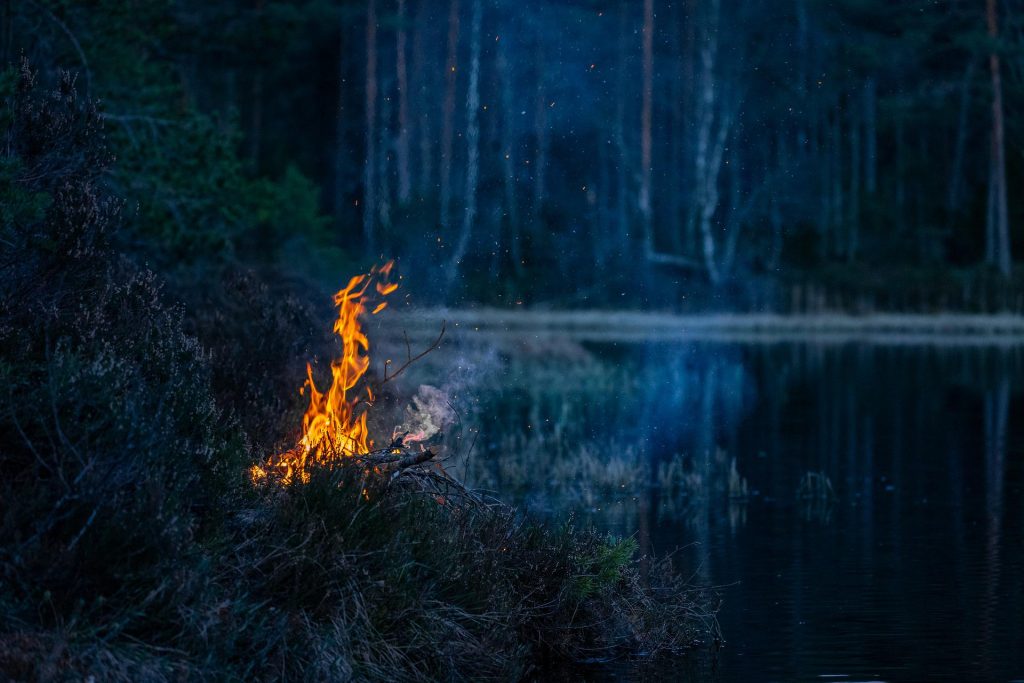 Photographie d'un feu qui brûle au bord d'une forêt, près d'une rivière