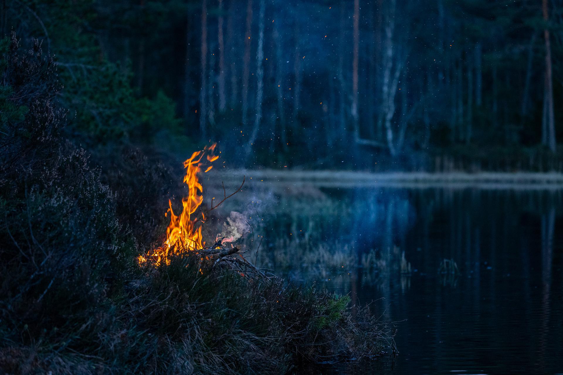 Photographie d'un feu qui brûle au bord d'une forêt, près d'une rivière