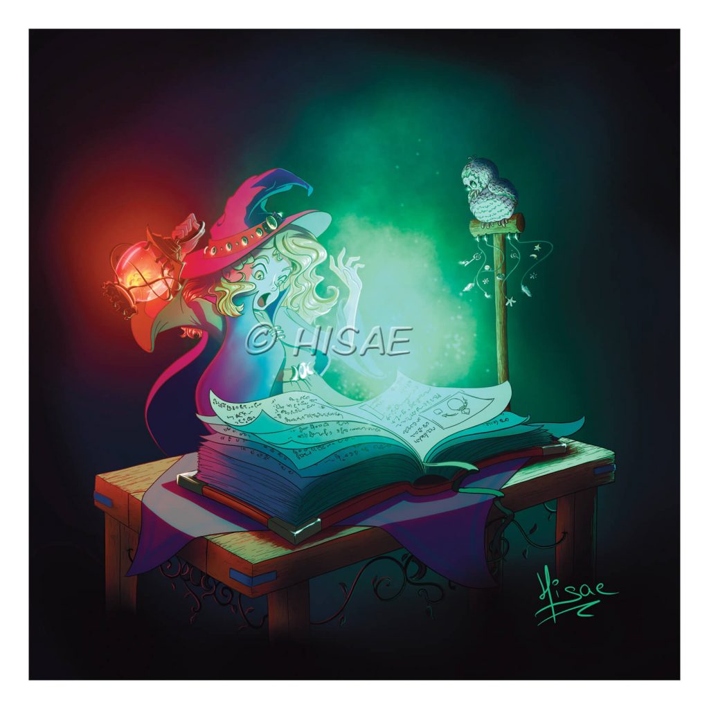 Dessin numérique en format carte postale représentant une jeune apprentie sorcière surprise par un livre magique d'où s'échappe une étrange lumière verte @Ysae illustrations