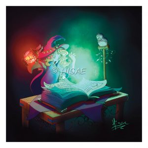 Dessin numérique en format carte postale représentant une jeune apprentie sorcière surprise par un livre magique d'où s'échappe une étrange lumière verte @Ysae illustrations