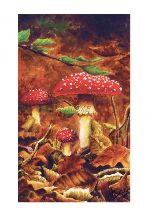 Impression laser format carte postale d'une acrylique originale représentant des champignons dans des feuilles mortes ©Ysae illustrations
