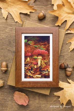 Impression laser d'une acrylique originale représentant des champignons dans des feuilles mortes et présentée dans un cadre @Ysae illustrations