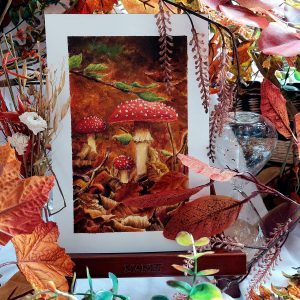 Acrylique originale présentée sur chevalet représentant des champignons dans des feuilles mortes ©Ysae illustrations