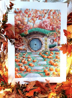Aquarelle originale représentant la devanture d'une maison de Hobbit dans un paysage automnal avec des citrouilles partout ©Ysae illustrations