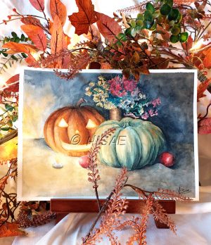 Aquarelle originale sur chevalet représentant une un potiron, une citrouille creusée façon Jack O'lantern et des chrysanthèmes éclairés à la bougie ©Ysae illustrations