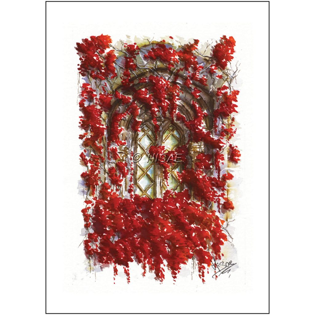 Impression laser d'une encre et aquarelle originale représentant une fenêtre médiévale cachée derrière des amas de feuilles rouges ©Ysae illustrations