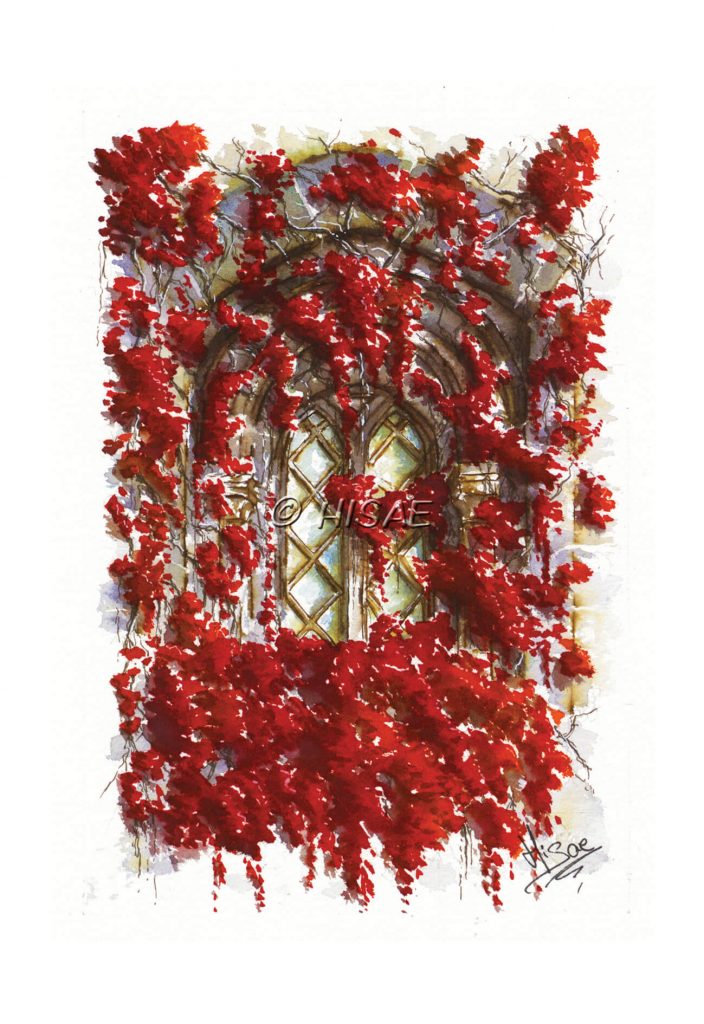 Impression laser en format carte postale d'une encre et aquarelle originale représentant une fenêtre médiévale cachée derrière des amas de feuilles rouges ©Ysae illustrations