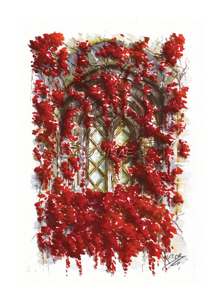 Encre et aquarelle originale représentant une fenêtre médiévale cachée derrière des amas de feuilles rouges ©Ysae illustrations