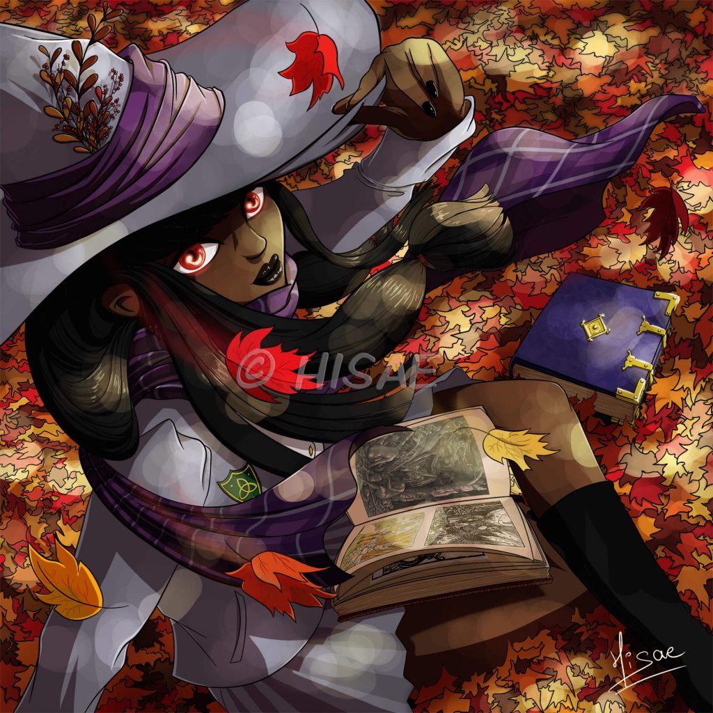Dessin numérique représentant une jeune sorcière noire aux yeux rouges en uniforme d'université, assise dans les feuilles d'automne en train de regarder un livre de gravures anciennes ©Ysae illustrations