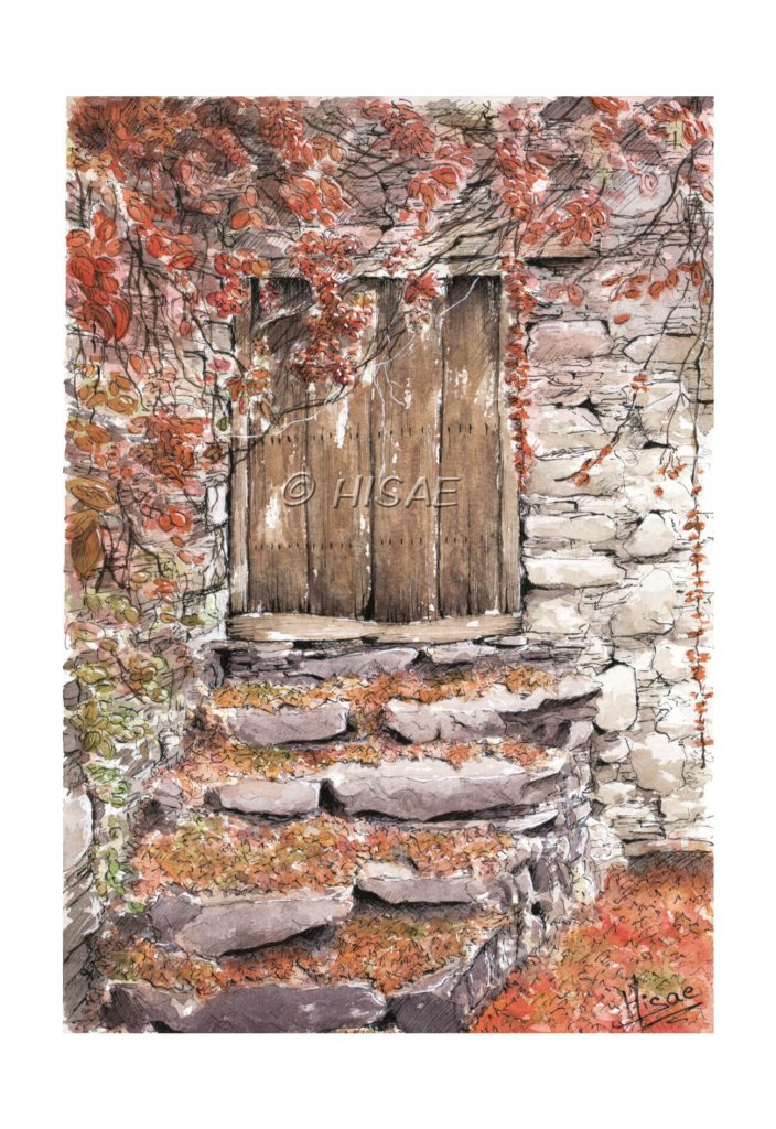 Impression laser en format carte postale d'une aquarelle originale représentant un bâtiment en pierre avec une vieille porte en bois et des feuilles mortes au sol @Ysae illustrations