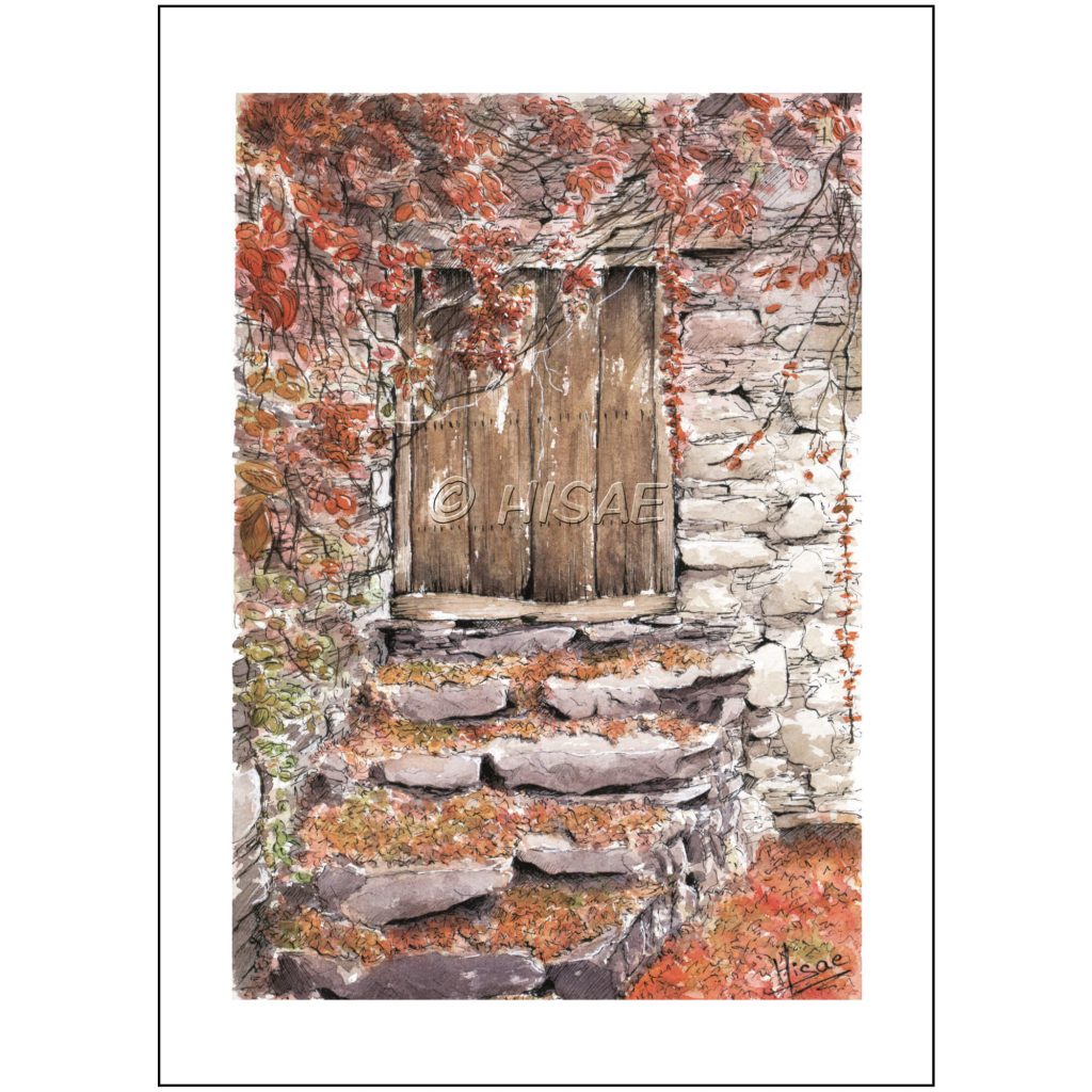 Impression laser d'une aquarelle originale représentant un bâtiment en pierre avec une vieille porte en bois et des feuilles mortes au sol @Ysae illustrations