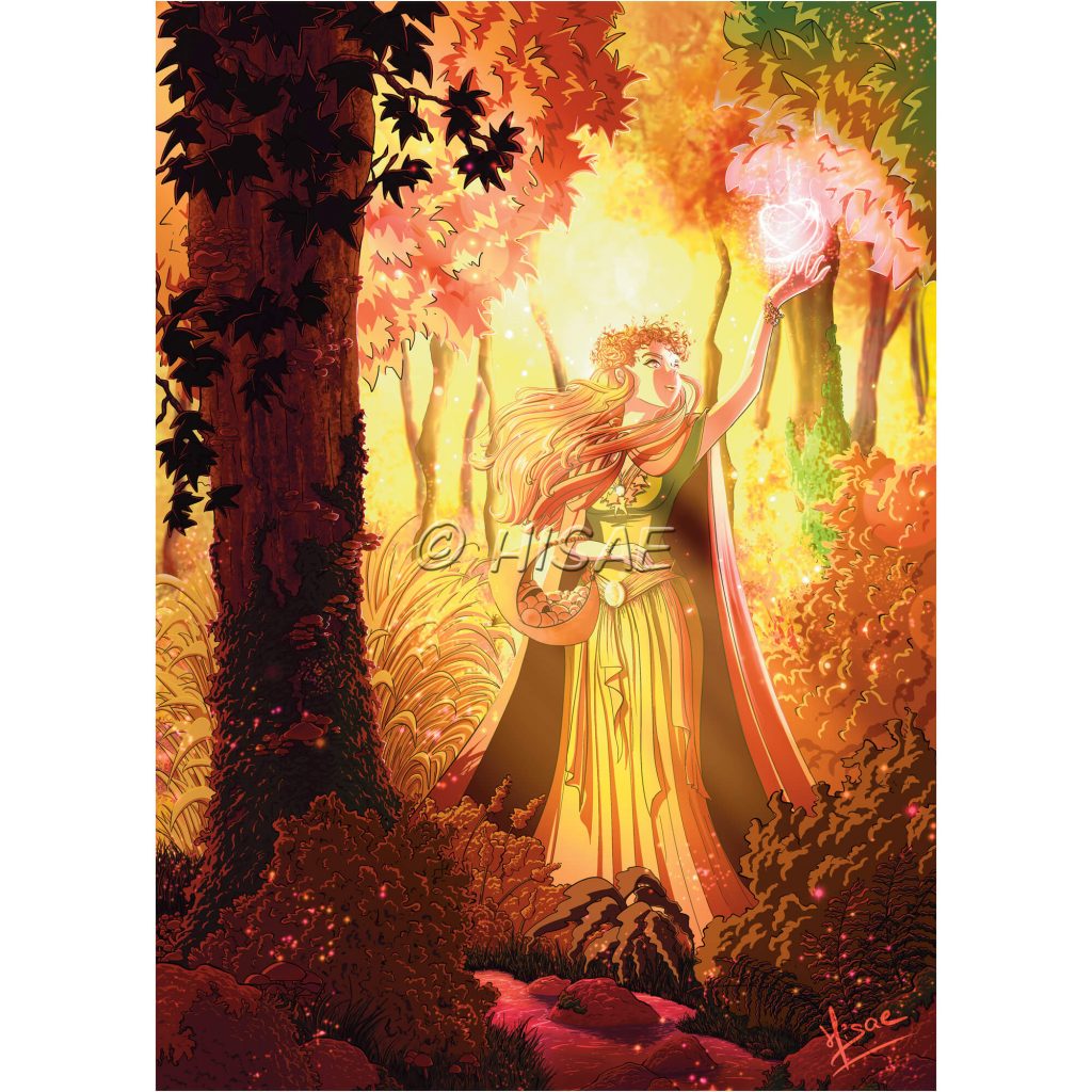 Dessin numérique représentant la sorcière de l'automne qui transforme la forêt @ Ysae illustrations