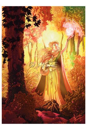 Dessin numérique format carte postale représentant la sorcière de l'automne qui transforme la forêt @ Ysae illustrations