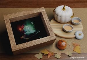 Dessin numérique dans un cadre représentant une jeune apprentie sorcière surprise par un livre magique d'où s'échappe une étrange lumière verte @Ysae illustrations