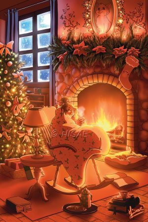 Dessin numérique format carte de voeux représentant une femme dans un fauteuil à bascule profitant de son chocolat chaud devant un feu de cheminée pendant Noël @Ysae illustrations