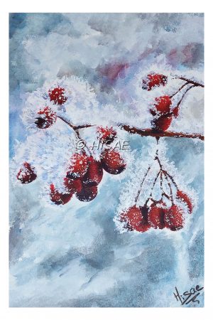 Peinture acrylique format carte de voeux représentant une églantine couverte de givre @Ysae illustrations