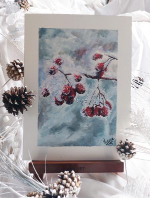 Peinture acrylique originale sur chevalet représentant une églantine couverte de givre @Ysae illustrations