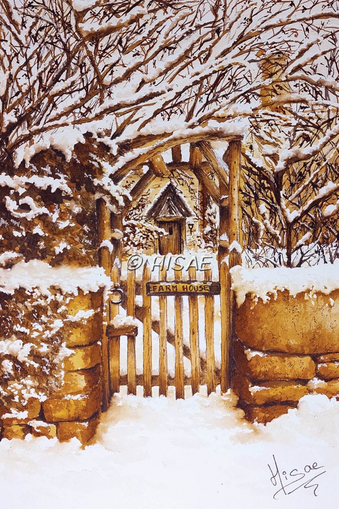 Dessin à l'encre original sur un chevalet représentant l'entrée d'une farmhouse dans la neige @ Ysae illustrations