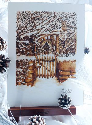 Dessin à l'encre original sur un chevalet représentant l'entrée d'une farmhouse dans la neige @ Ysae illustrations