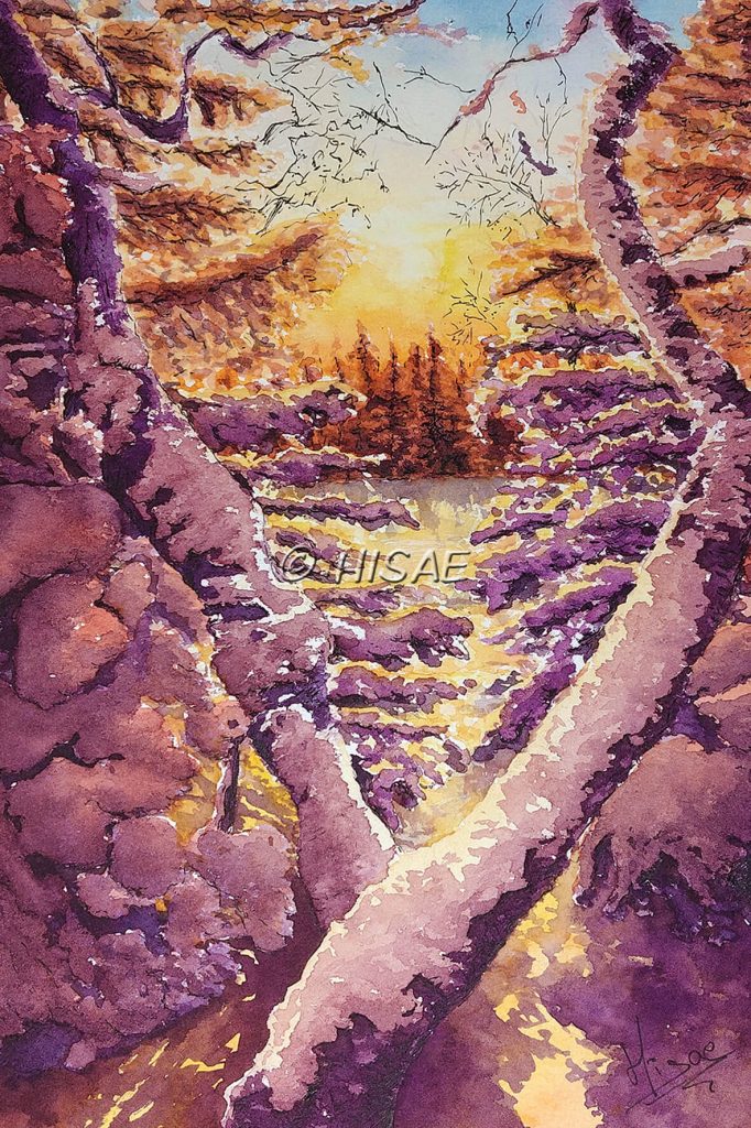 Aquarelle originale représentant un paysage enneigé au soleil couchant @Ysae illustrations