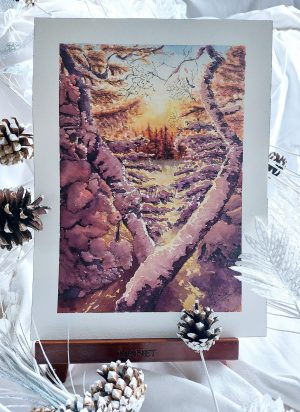 Aquarelle originale sur chevalet représentant un paysage enneigé au soleil couchant @Ysae illustrations