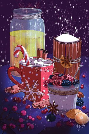 Dessin numérique format carte de voeux représentant un goûter de Noël avec chocolat chaud, gâteau secs, framboises, mûres, orangeade et cannelle @Ysae illustrations