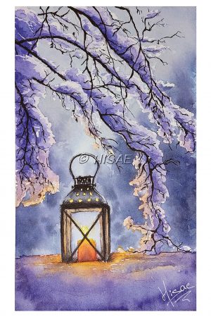 Aquarelle format carte de voeux représentant une lanterne éclairée et posée dans la neige @Ysae illustrations