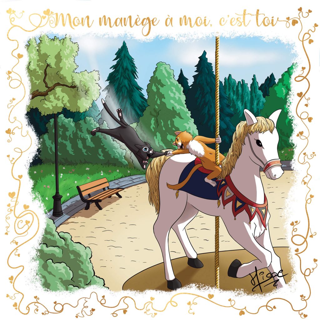 Dessin numérique format carte postale pour la Saint-valentin représentant un chat sur un cheval de bois qui attrape un autre chat par la main ©ysae illustrations