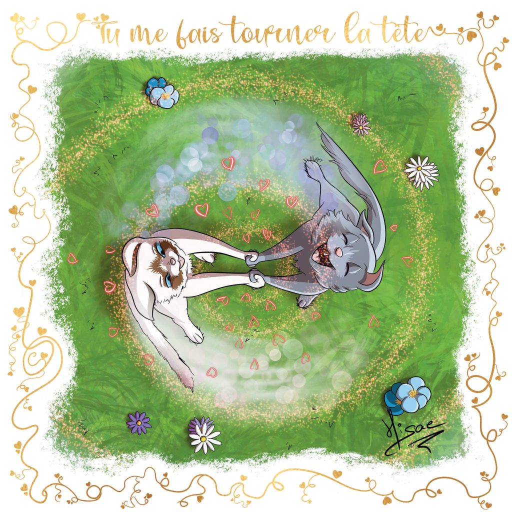 Dessin numérique format carte postale pour la Saint-valentin représentant deux chats amoureux dansant dans un pré ©Ysae illustrations