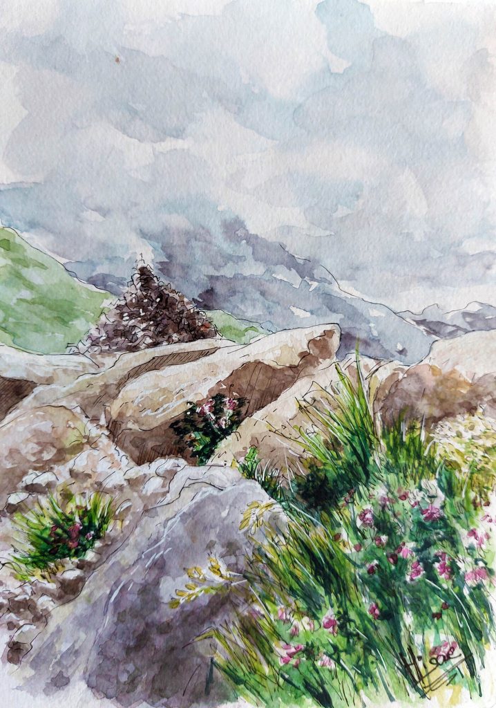 Croquis à l'aquarelle d'un cairn dans les Black Cullins, sur l'Île de Skye en Ecosse @Ysae illustrations