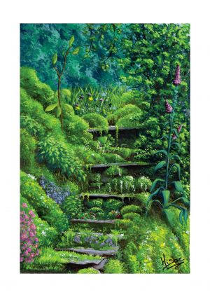 Dessin à la gouache représentant un escalier perdu dans la nature et croulant sous la verdure @Ysae illustrations