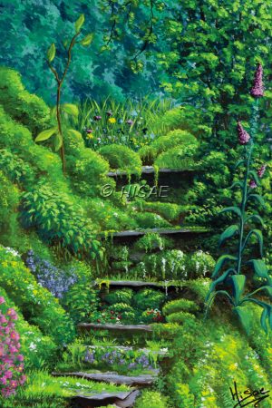 Dessin à la gouache représentant un escalier perdu dans la nature et croulant sous la verdure en format carte postale @Ysae illustrations