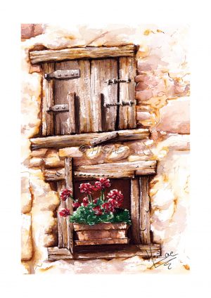 Dessin à l'encre et à l'aquarelle représentant une façade en pierre et des volets en bois @Ysae illustrations