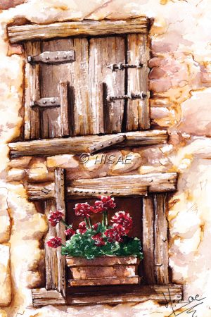 Dessin à l'encre et à l'aquarelle représentant une façade en pierre et des volets en bois en format carte postale @Ysae illustrations