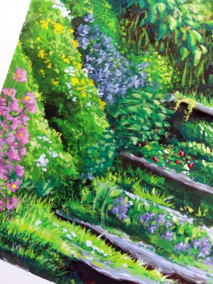 Détail d'un dessin original à la gouache représentant un escalier perdu dans la nature et croulant sous la verdure @Ysae illustrations