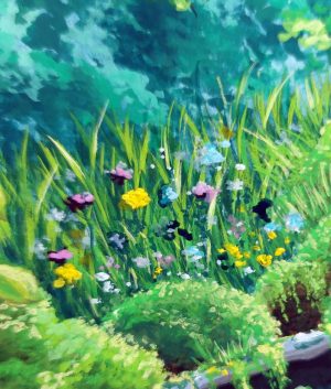 Détail d'un dessin original à la gouache représentant un escalier perdu dans la nature et croulant sous la verdure @Ysae illustrations