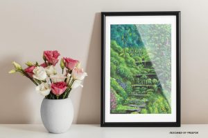 Dessin à la gouache représentant un escalier perdu dans la nature et croulant sous la verdure présenté sous cadre @Ysae illustrations