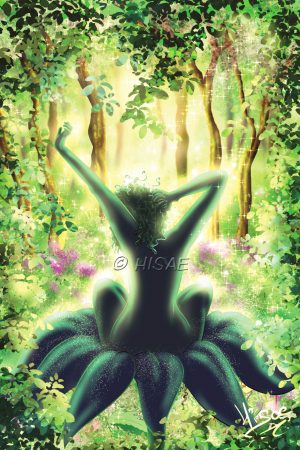 Dessin numérique en format carte postale représentant Dame Nature assise dans une fleur en train de s'éveiller dans une forêt @Ysae illustrations