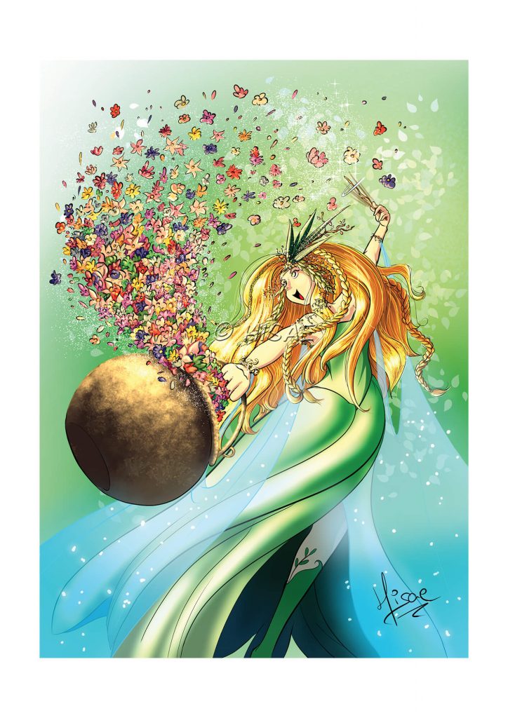 Dessin numérique représentant la sorcière du printemps qui fait apparaître des fleurs dans son chaudron @Ysae illustrations