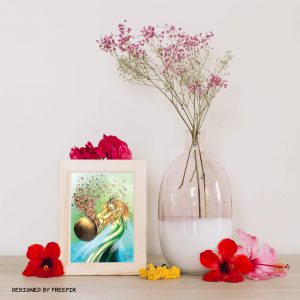 Dessin numérique en format carte postale encadré représentant la sorcière du printemps qui fait apparaître des fleurs dans son chaudron @Ysae illustrations