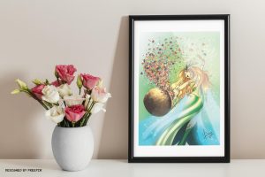 Dessin numérique encadré représentant la sorcière du printemps qui fait apparaître des fleurs dans son chaudron @Ysae illustrations