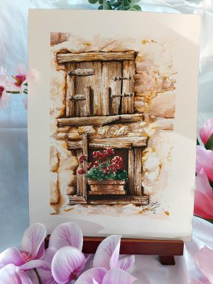 Dessin original à l'encre et à l'aquarelle représentant une façade en pierre et des volets en bois et présenté sur chevalet @Ysae illustrations