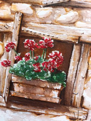 Détail d'un dessin original à l'encre et à l'aquarelle représentant une façade en pierre et des volets en bois @Ysae illustrations