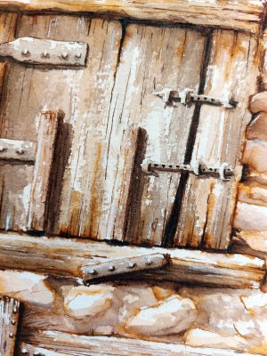 Détail d'un dessin original à l'encre et à l'aquarelle représentant une façade en pierre et des volets en bois @Ysae illustrations