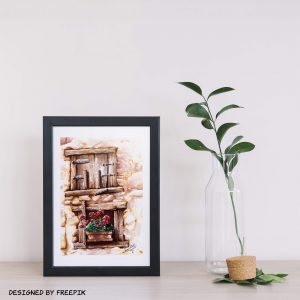 Dessin à l'encre et à l'aquarelle représentant une façade en pierre et des volets en bois présenté sous cadre @Ysae illustrations