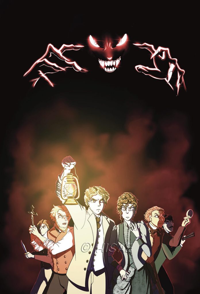 Dessin numérique pour une couverture factice d'une adaptation du roman Dracula de Bram Stocker représentant Dracula surgissant au dessus des personnages du roman: Mina et Jonathan Harker, Abraham van Helsing, Arthur Godalming, Renfield, Quincey Morris et Jack Seward @Ysae illustrations