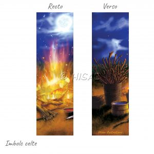 Marque-page numérique représentant un feu et divers objets utilisés par les Celtes pour célébrer Imbolc ©Ysae illustrations
