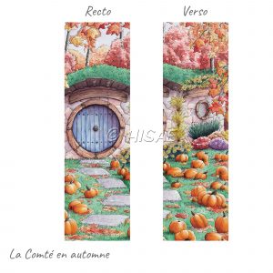 Marque-page illustré à l'aquarelle représentant la devanture d'une maison de Hobbit dans un paysage automnal avec des citrouilles partout ©Ysae illustrations